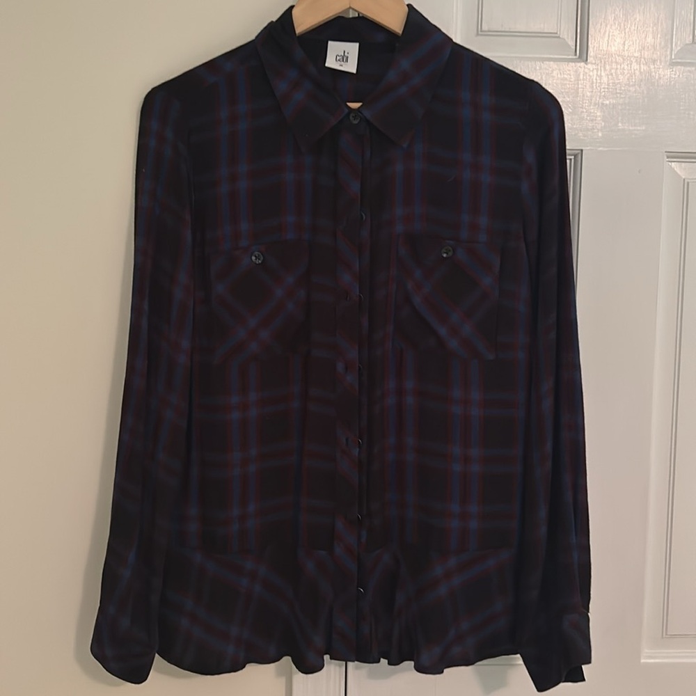 Cabi plaid long sleeved shirt ruffle at hem line. Navy and burgundy